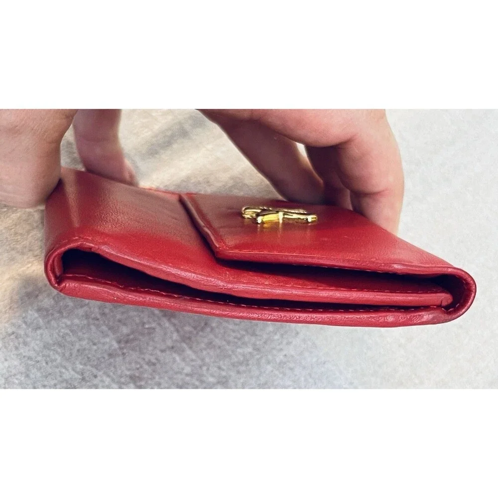 VTG Paloma Picasso Red Leather Trifold Wallet Gold X Logo Kiss Motif Italy